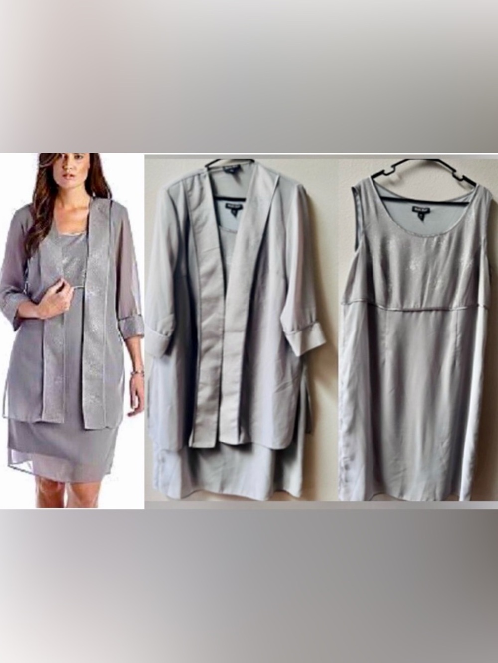 DANA KAY Mother of Bride 3/4 Sleeve Sequin Trim Grey Dress & Duster Coat Size 18
